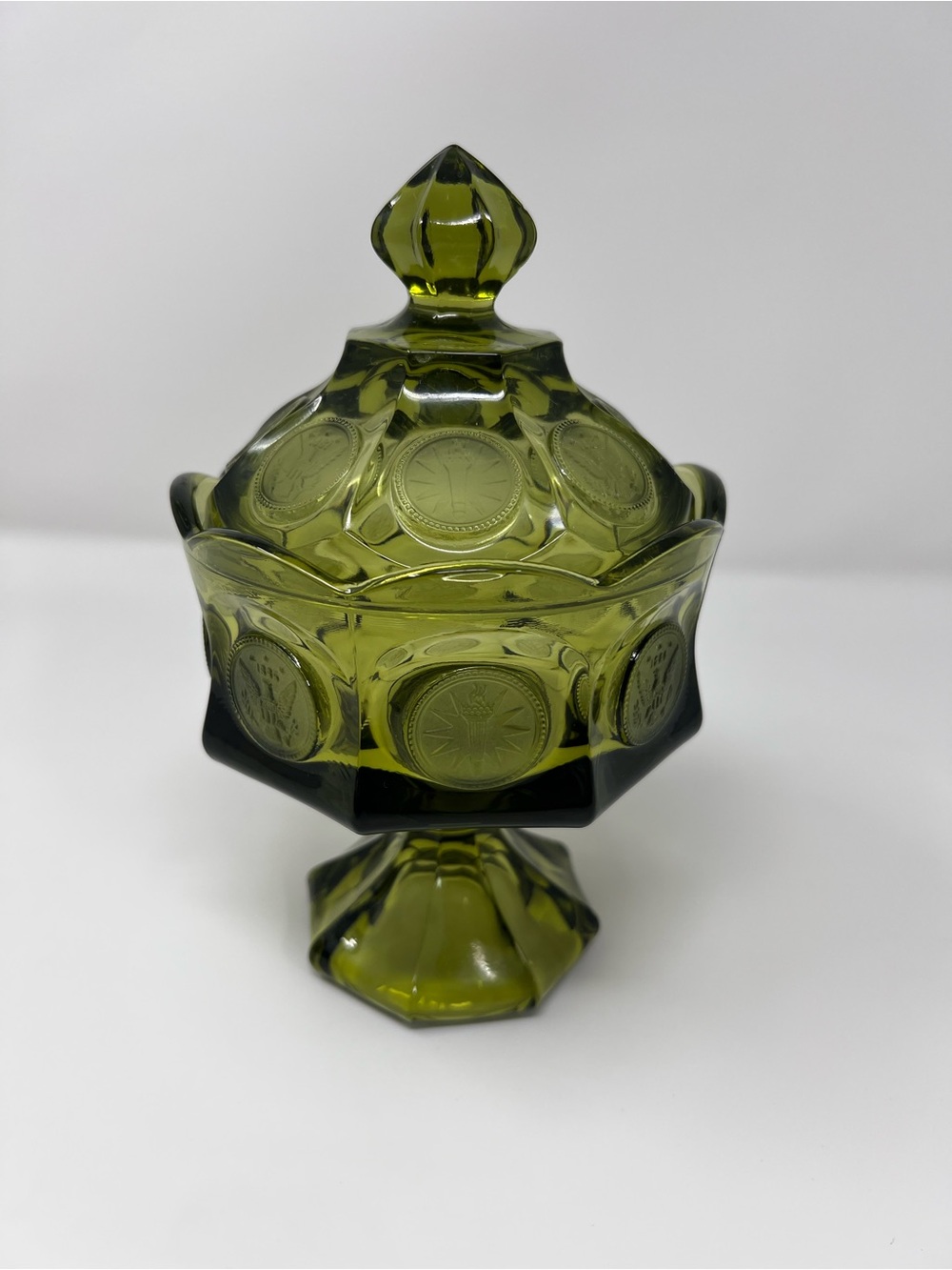 Vintage Fostoria Avocado Green Coin Glass Wedding Compote Collectible